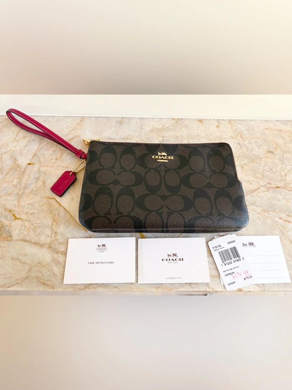 New COACH Signature Double Zip Wristlet Wallet w/ Magenta Pink Leather $175